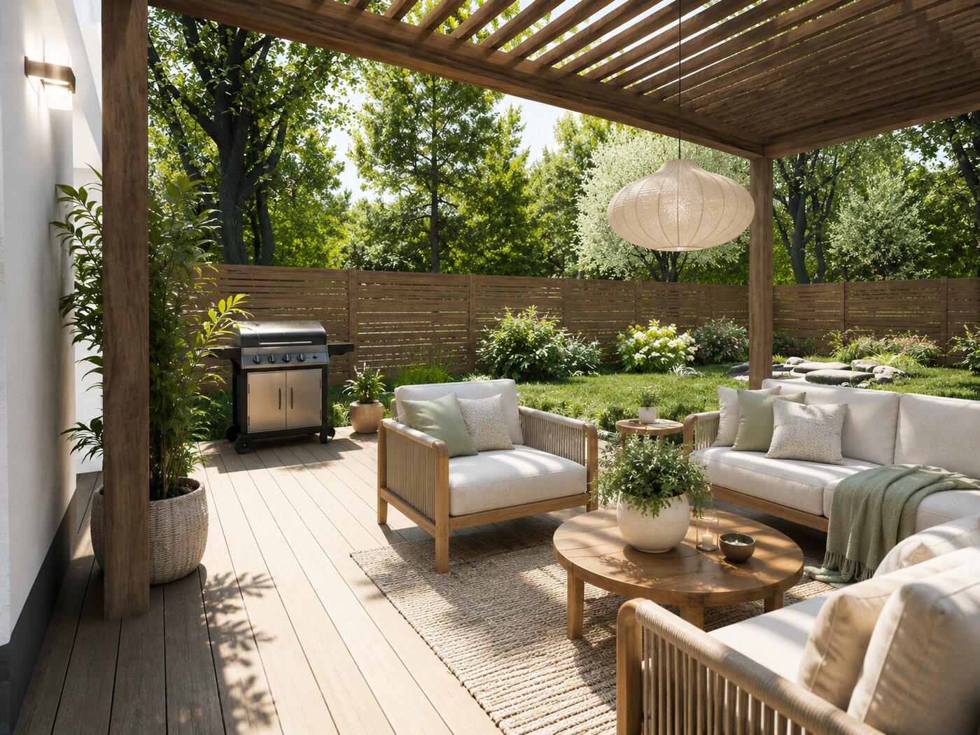 Garten mit überdachter Terrasse der Stadtvilla (Visualisierung)